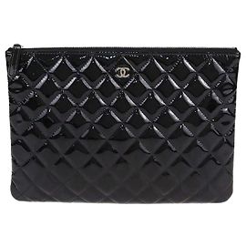 Chanel Schwarze Gequiltete Lackleder Mittel O Clutch Schwarz