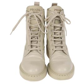 Prada Beige Enamel Triangle Logo Leather & Re-Nylon Combat Boots Beige