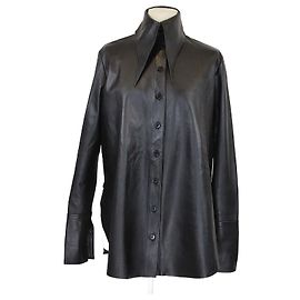 Autre Marque 16Arlington Black Leather Button Front Pointed Collar Jacket Black