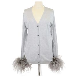Prada Grey Silk Ostrich Feather Cuff Long Sleeve Cardigan Grey