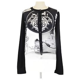 Langarmiger Pullover aus schwarzer Seidenmischung mit Ex Libris-Druck von Hermès Schwarz