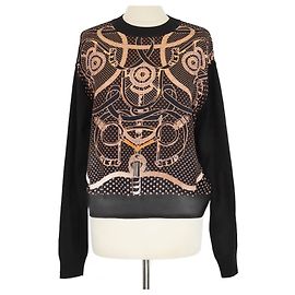 Langarmiger Pullover aus schwarzer Seidenmischung mit Eperon d'Or Bandana-Druck von Hermès Schwarz