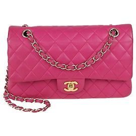 Bolsa clássica dupla média em couro de cordeiro rosa acolchoada Chanel Rosa