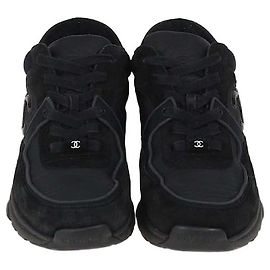 Chanel Black Nylon Suede CC Trainer Sneakers Black