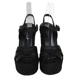 Sandali con zeppa in pelle nera Tribute di Saint Laurent Nero