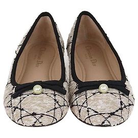 Christian Dior Beige/Black Tweed Pearl Bow Cannage Ballet Flats Black Beige