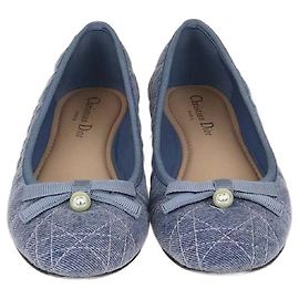 Christian Dior Blue Denim Cannage Pearl Bow Ballet Flats Blue