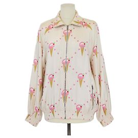 Gucci Light Beige Silk Ice Cream Print Stand Collar Zip Front Jacket Beige