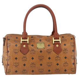 Bolsa de mão em lona e couro com logotipo Visetos da MCM Marrom