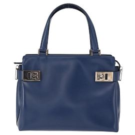 Bolsa Tote de Couro Média Double Gancini com Fivela Lateral Salvatore Ferragamo Azul