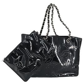 CHANEL Triple Coco Chain Tote Bag Patent leather Black Silver CC Auth 146826 Black Silvery