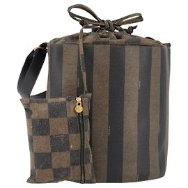 FENDI Pecan Canvas Shoulder Bag PVC Black Brown Auth 146897 Brown Black