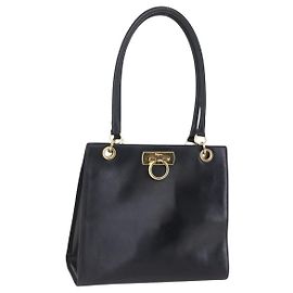 Sac à main Gancini en cuir noir et or Salvatore Ferragamo Auth 149270 Noir Doré