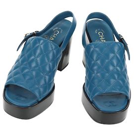 CHANEL Matelasse Heel Sandals Leather Blue CC Auth 139286M Blue