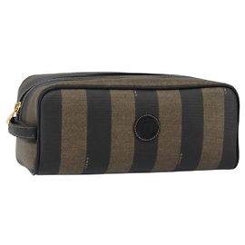 FENDI Pecan Canvas Clutch Bag PVC Black Brown gold Auth 144211 Brown Black Golden