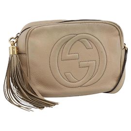 GUCCI Pequena Bolsa Disco Interlocking Couro Bege Ouro 308364 Auth bs30123 Bege Dourado