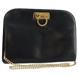 Borsa a spalla Gancini in pelle nera e oro Auth BA7058 di Salvatore Ferragamo Nero D'oro