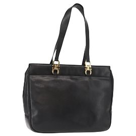 Bolsa Tote Gancini de couro preto e dourado Salvatore Ferragamo Auth BA7327 Preto Dourado