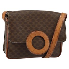 Céline Bolsa de ombro circular em lona Macadam CELINE em couro PVC marrom dourado Auth 147957 Marrom Dourado