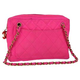 CHANEL Bolsa de Ombro Matelassé com Corrente Nylon Rosa Ouro CC Auth 149222 Rosa Dourado