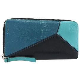 LOEWE Anagram Long Wallet Leather Blue Silver Auth gh1176 Silvery Blue