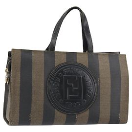 FENDI Pecan Canvas Handtasche PVC Schwarz Braun Gold Auth 150002 Braun Schwarz Golden