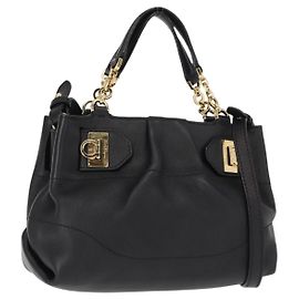 Sac à main en cuir Gancini Salvatore Ferragamo 2 en 1 Noir Or Auth 148032 Noir Doré