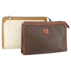 Céline CELINE Macadam Canvas Clutch Bag PVC Leather 2 Set Brown Beige Auth 150205 Brown Beige