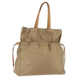 Bolsa Tote PRADA em nylon e couro bege dourado Auth ep11896 Bege Dourado
