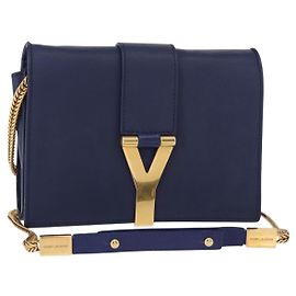 Bolsa pequena Y Line Chain em couro azul e dourado Auth BA8058 da SAINT LAURENT Azul Dourado