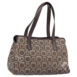 Bolsa de Ombro Gancini em Couro Marrom Prata Auth BA7992 da Salvatore Ferragamo Marrom Prata