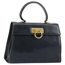 Sac à main Gancini en émail bleu marine et or Auth 149268 de Salvatore Ferragamo Doré Bleu Marine