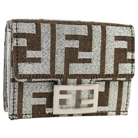 FENDI Zucca Canvas Baguette Wallet Silver Brown Auth 148473M Brown Silvery