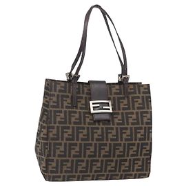 FENDI Zucca Canvas Shoulder Bag Black Brown Auth ka260 Brown Black