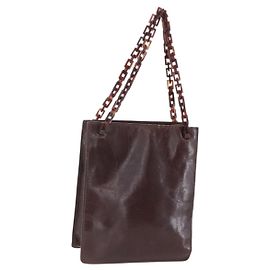 PRADA Bolsa de mão com corrente em couro marrom Auth bs30545 Marrom