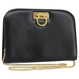 Borsa a Spalla in Pelle Gancini Chain Salvatore Ferragamo Nera Oro Auth BA7978 Nero D'oro