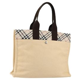 BURBERRY Nova Check Blue Label Tote Bag Nylon Beige Silver Auth bs30763 Silvery Beige
