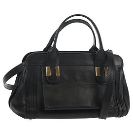 Chloé Bolsa de mão em couro Chloe Alice 2 em 1 Preto Dourado Auth BA7550 Preto Dourado