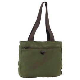 PRADA Tote Bag Nylon Khaki Silver Auth bs29971 Silvery Khaki