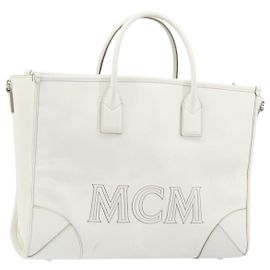 Bolsa MCM de couro branco e dourado Auth mr1564 Branco Dourado