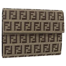 FENDI Zucchino Canvas Compact Wallet Beige Brown Auth yk20041V Brown Beige