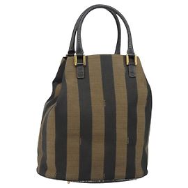 FENDI Pecan Canvas Handtasche Schwarz Braun Auth 144279 Braun Schwarz