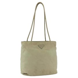 PRADA Tote Bag Nylon Beige Silver Auth 157778 Silvery Beige