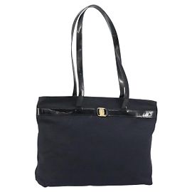 Salvatore Ferragamo Vala Tote Bag Canvas Black Gold Auth BA8689 Black Golden