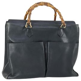 GUCCI Bamboo Tote Bag Leather Black Gold Auth 153189 Black Golden