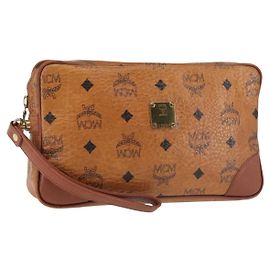 MCM Logogram Vicetos Clutch Bag em Couro PVC Marrom Dourado Auth am9101 Marrom Dourado
