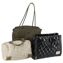 BALLY Celine PRADA C Bolsa Macadam Nylon Esmalte 3Set Beige Caqui Negro Auth BA5394 Negro Beige Caqui