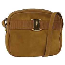 Sac à épaule Vala en daim marron et or Auth BA6379 de Salvatore Ferragamo Marron Doré