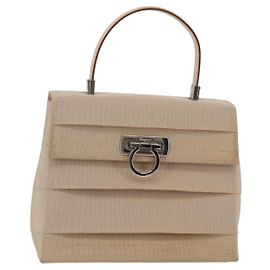 Bolsa de mão Gancini em lona bege prata Auth BA6378 da Salvatore Ferragamo Prata Bege