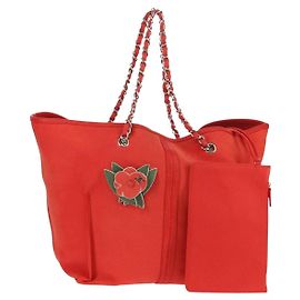 CHANEL Chain Camelia Tote Bag Caviar Skin Red Silver CC Auth 142099V Silvery Red